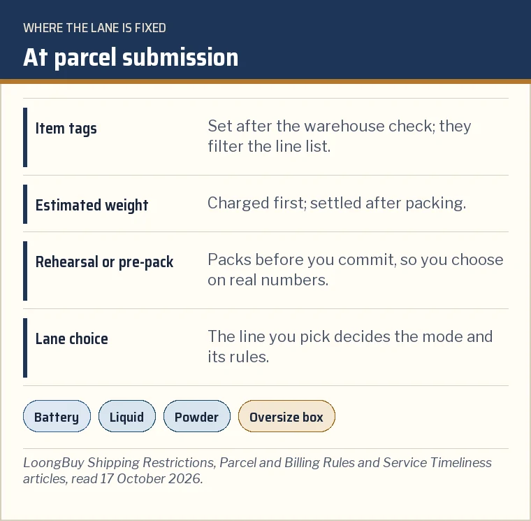 Card showing the submission page decisions: items, tags filtering lines, estimated weight, rehearsal option and lane choice