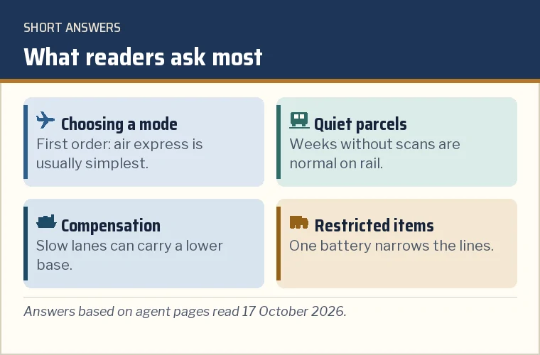 Card of the most common reader questions grouped by topic: choosing a mode, quiet parcels, compensation, restricted items, EU postal