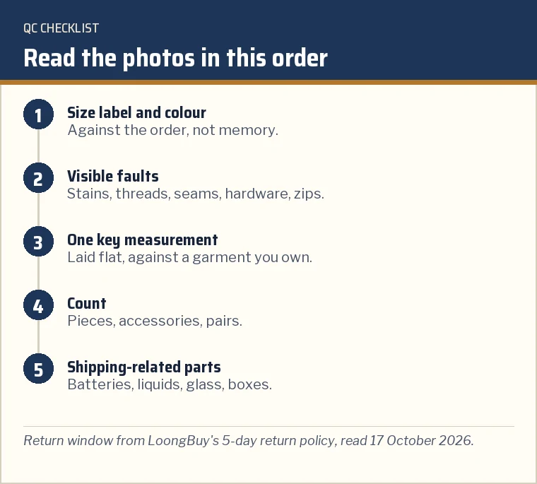 Numbered checklist for reading warehouse photos: size and colour, visible faults, measurements, count, shipping-related parts