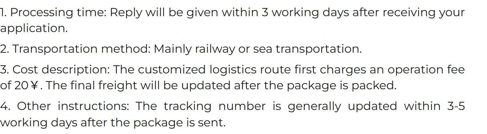 Screenshot of ACBuy's customized transportation precautions: reply within three working days, mainly railway or sea, a 20 yuan operation fee first