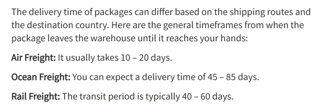 Screenshot of JoyaGoo's help centre listing air freight at 10 to 20 days, ocean freight at 45 to 85 days and rail freight at 40 to 60 days