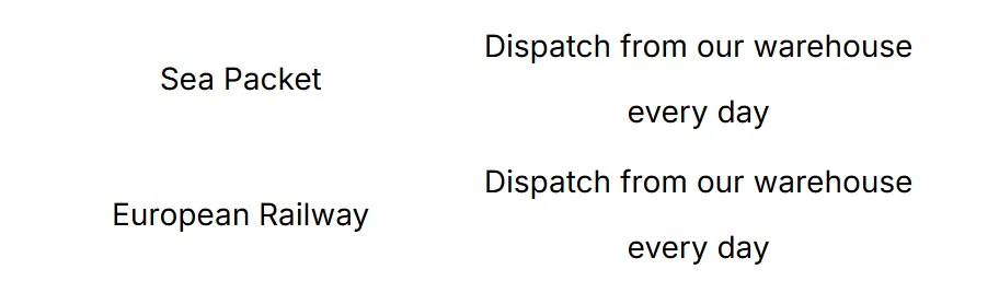 Screenshot of two rows in Lovegobuy's dispatch schedule: Sea Packet and European Railway, each dispatched from the warehouse every day