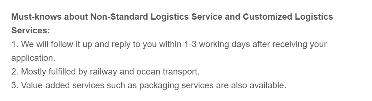 Screenshot of Superbuy's must-knows: reply within 1 to 3 working days, mostly railway and ocean transport, packaging services available