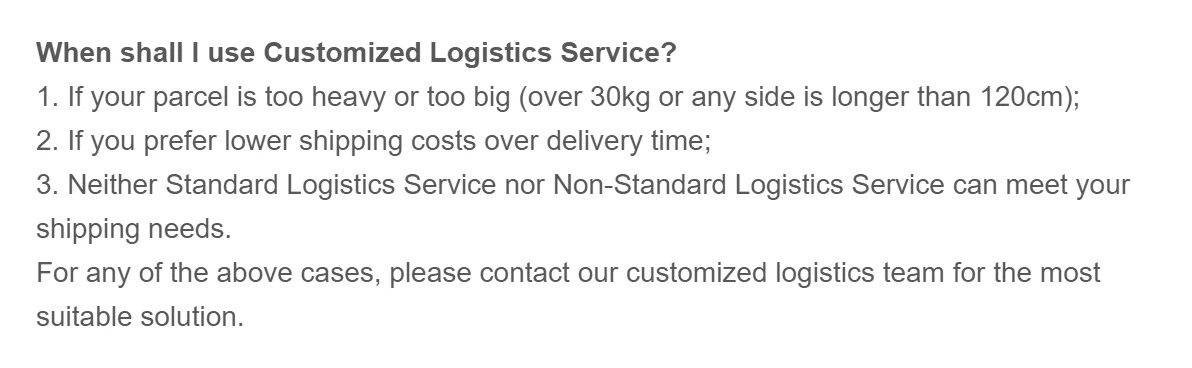 Screenshot of Superbuy's help article listing when to use its customized logistics service: over 30 kg or a side longer than 120 cm, cost over time, or no standard option