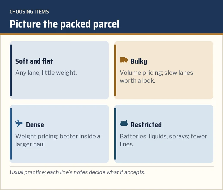 Four groups of items by how they ship: soft and flat, bulky, dense, restricted, with the freight effect of each
