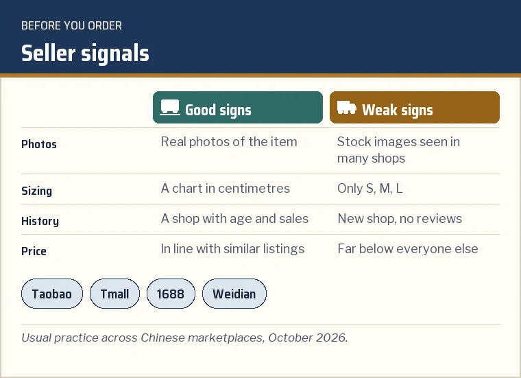 Two-column card of good and weak seller signals on Chinese marketplaces