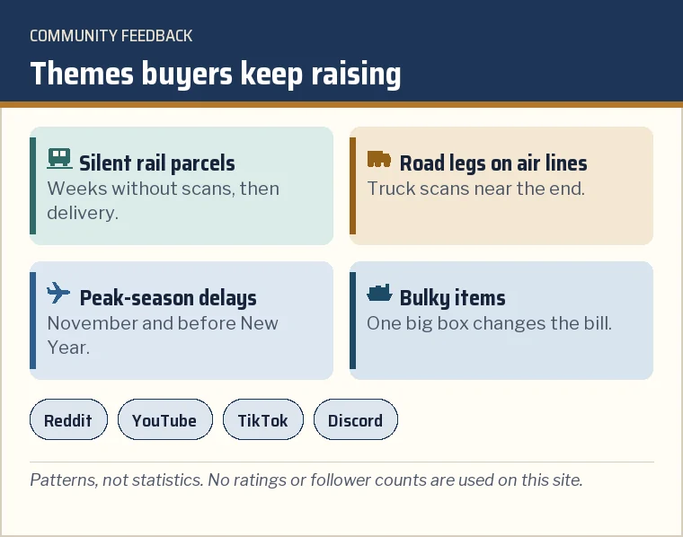 Card of recurring freight themes in buyer communities: silent rail parcels, road legs on air lines, peak-season delays, holiday backlogs, bulky items